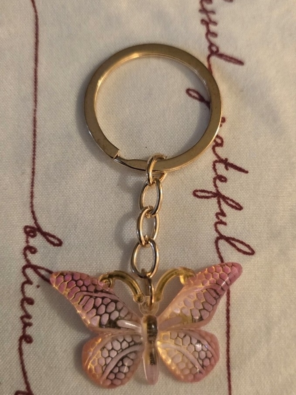 Gold Tone Keyring with Pink Butterfly Charm